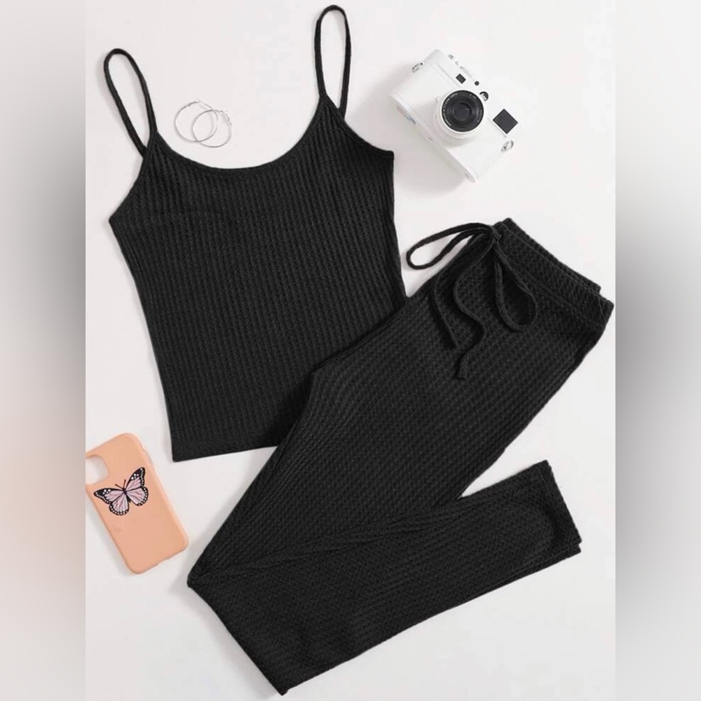 Black Shein two piece XS waffle knit cami top & knot waist leggings set pajamas